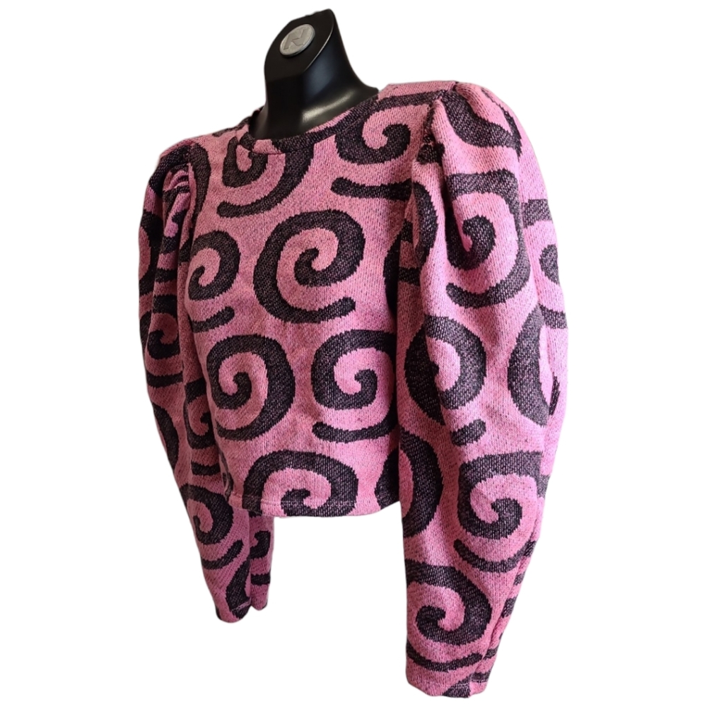 Zara Women's Jacquard Swirl Print Pullover Sweater Balloon Sleeves Pink Black S - Picture 4 of 10